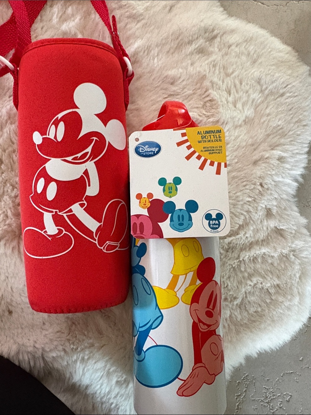Disney Red White Blue Mickey Mouse Water Bottle with Red Neoprene Carrier